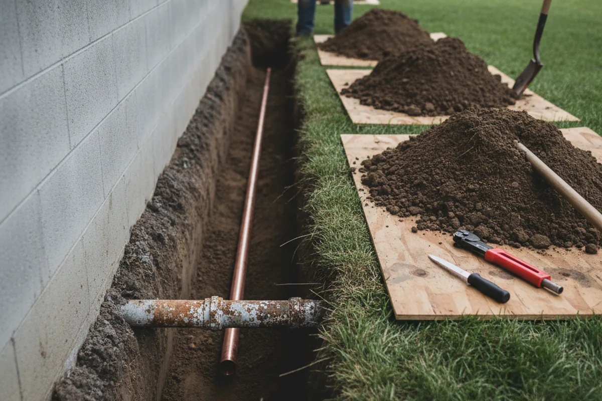 Excavated water line trench during Water Softener Installation in Livonia